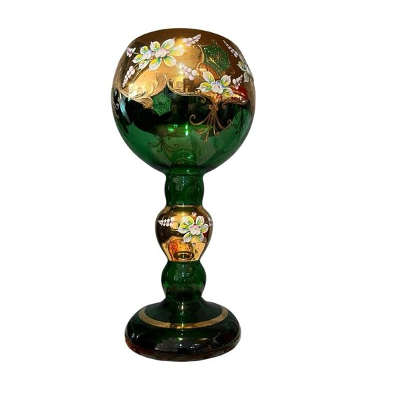 Bohemia Czech Emerald Green Chalice Art Glass Goblet Gold Textured Paint Flowers - Picture 3 of 5